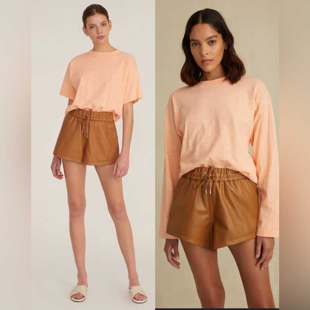 Marissa Webb Peach Top with Brown Leather-Look Shorts